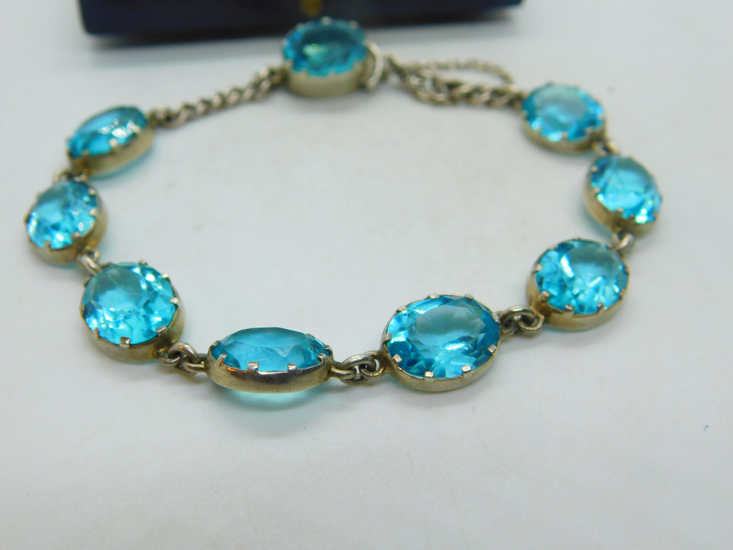 Sterling Silver & Faceted Blue Zircon Bracelet Antique c1920 Art Deco