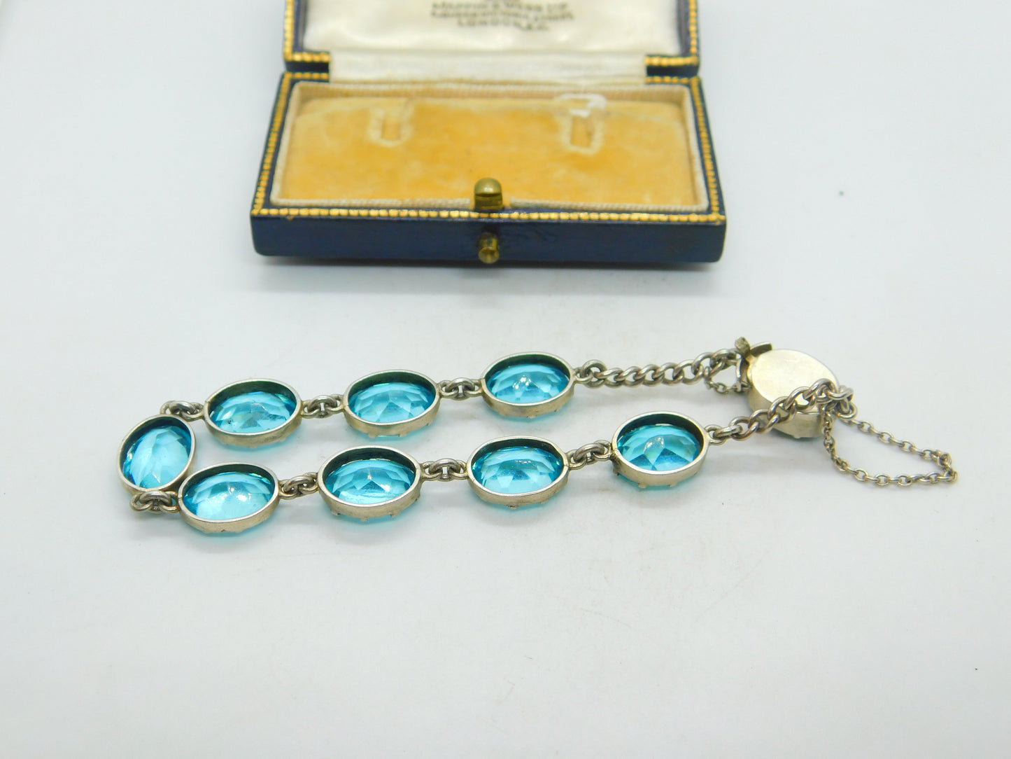 Sterling Silver & Faceted Blue Zircon Bracelet Antique c1920 Art Deco