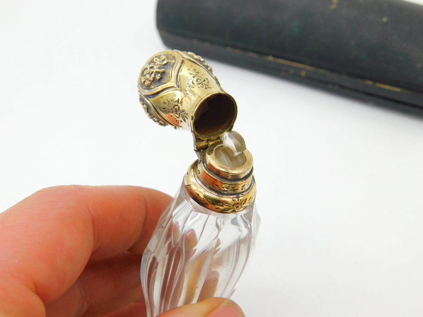 Victorian Sterling Silver Gilt & Cut Glass Boxed Scent Bottle Antique c1860