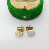 9ct Yellow Gold & Cabochon White Opal Stud Earrings Antique c1920 Art Deco