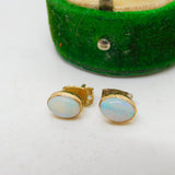 9ct Yellow Gold & Cabochon White Opal Stud Earrings Antique c1920 Art Deco