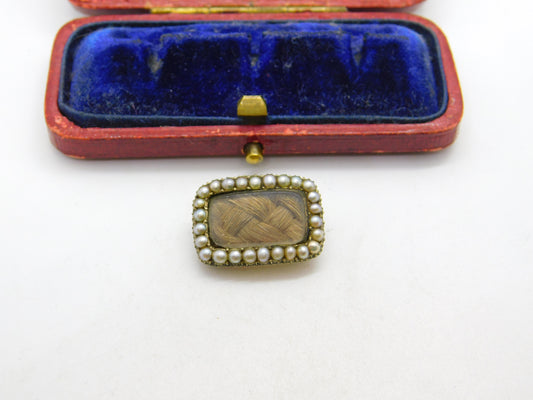 Georgian 9ct Gold, Seed Pearl & Woven Hair Mourning Brooch AF Antique c1810