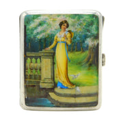 Edwardian Sterling Silver Enamel Lady with Doves Cigarette Case Antique 1904 London