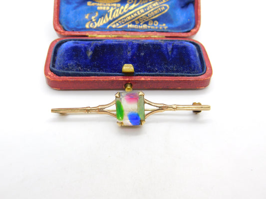 Edwardian 9ct Yellow Gold & Colorful Crystal Set Bar Brooch Antique c1910 London