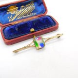 Edwardian 9ct Yellow Gold & Colorful Crystal Set Bar Brooch Antique c1910 London