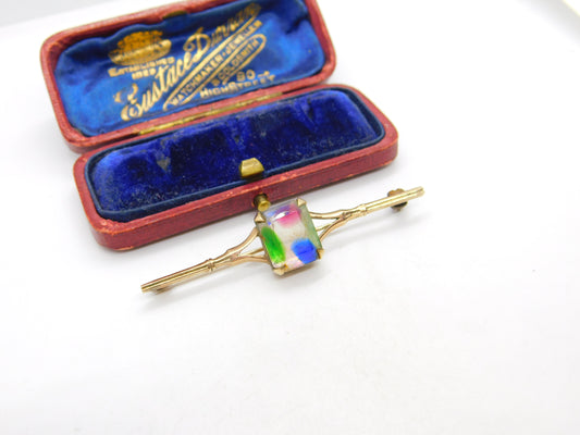 Edwardian 9ct Yellow Gold & Colorful Crystal Set Bar Brooch Antique c1910 London