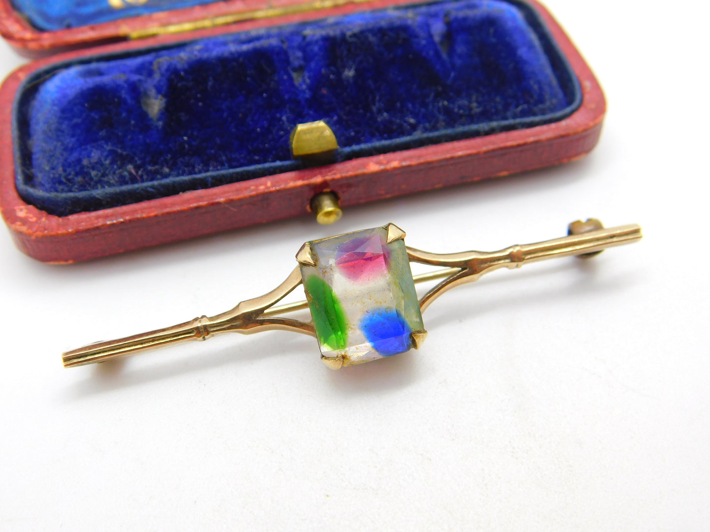 Edwardian 9ct Yellow Gold & Colorful Crystal Set Bar Brooch Antique c1910 London