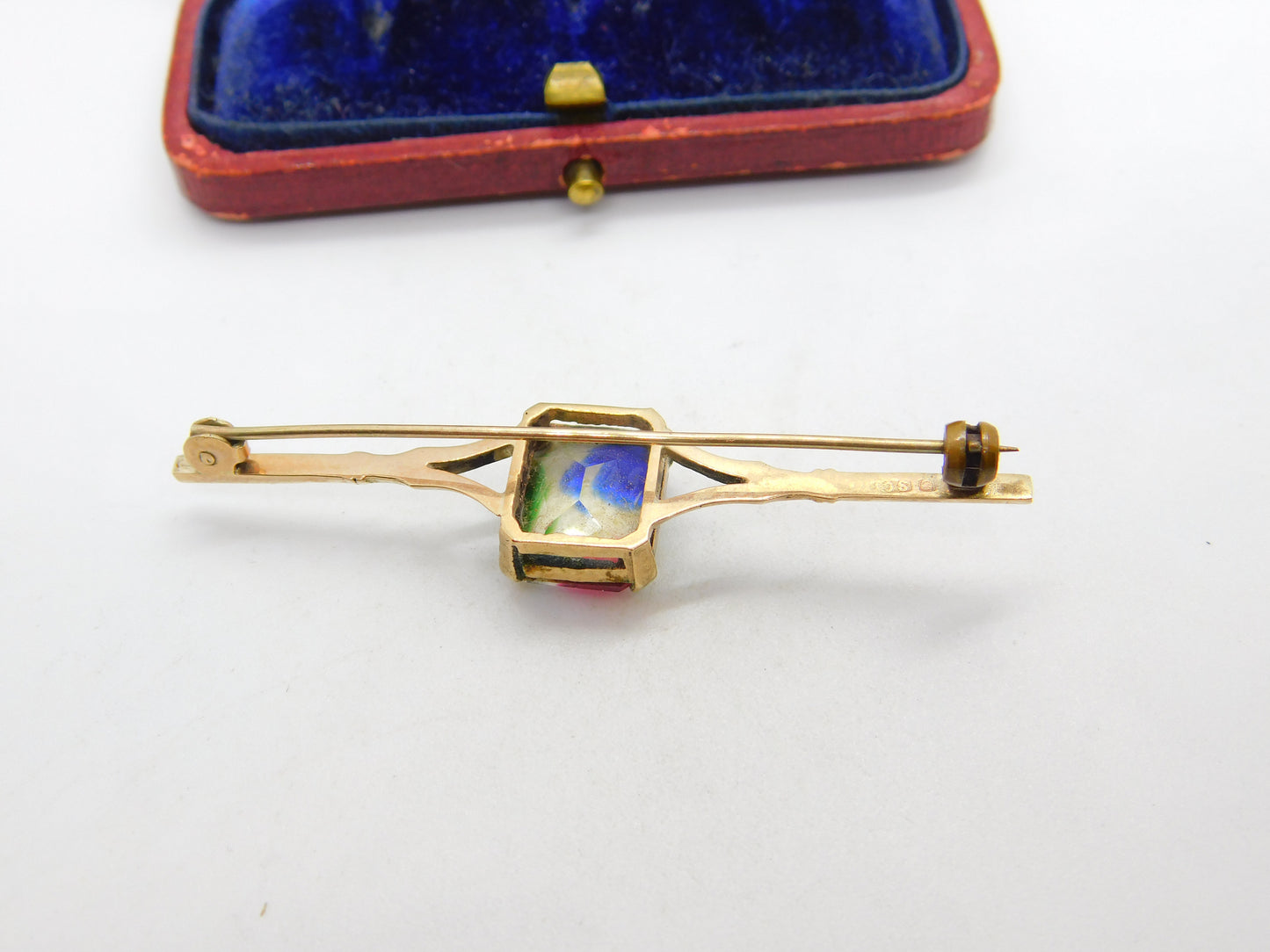 Edwardian 9ct Yellow Gold & Colorful Crystal Set Bar Brooch Antique c1910 London