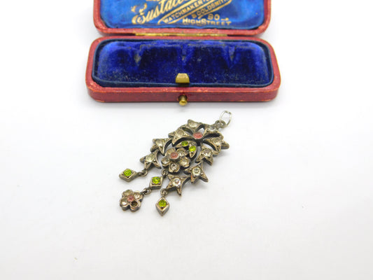 Victorian Austrian Sterling Silver & Colourful Paste Set Floral Drop Pendant