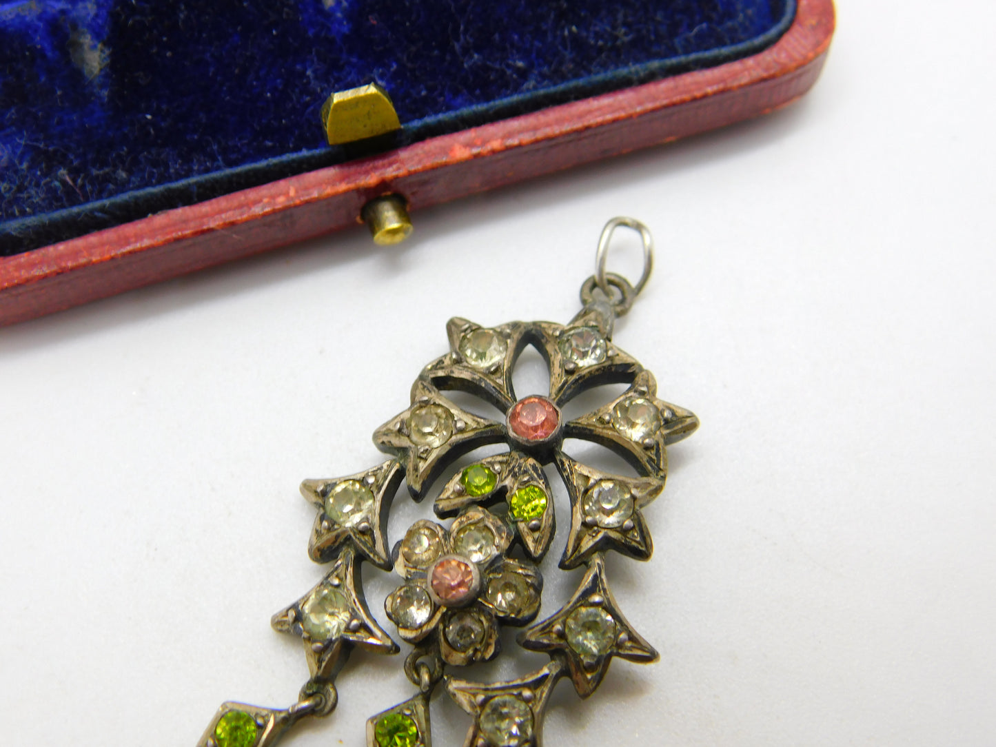 Victorian Austrian Sterling Silver & Colourful Paste Set Floral Drop Pendant