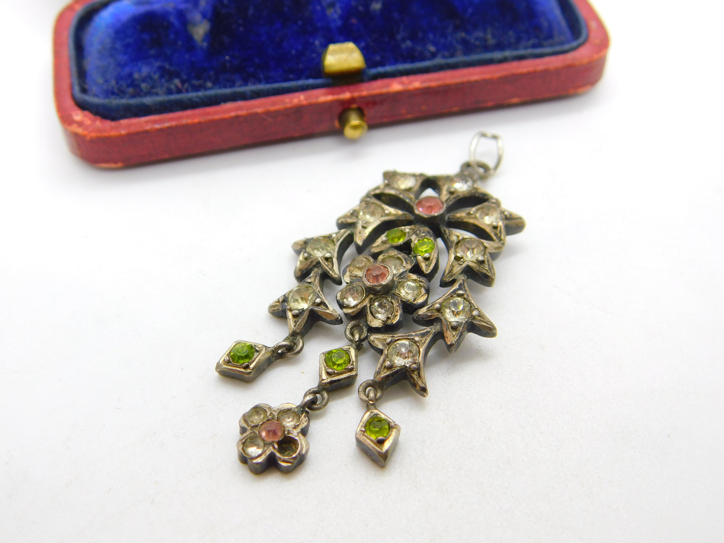 Victorian Austrian Sterling Silver & Colourful Paste Set Floral Drop Pendant