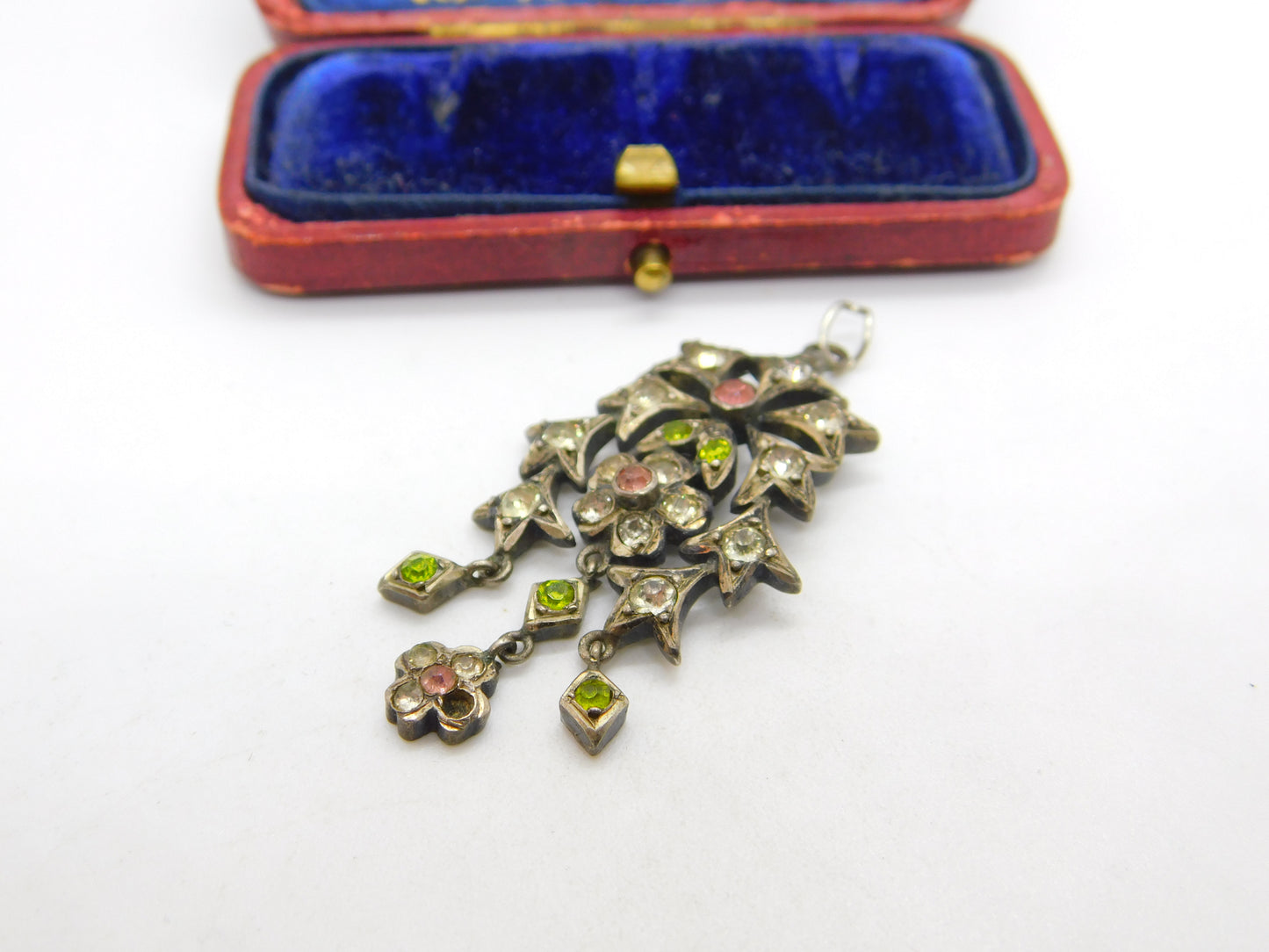 Victorian Austrian Sterling Silver & Colourful Paste Set Floral Drop Pendant