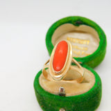 14ct Yellow Gold & Cabochon Red Coral Dress Ring Antique c1920 Art Deco