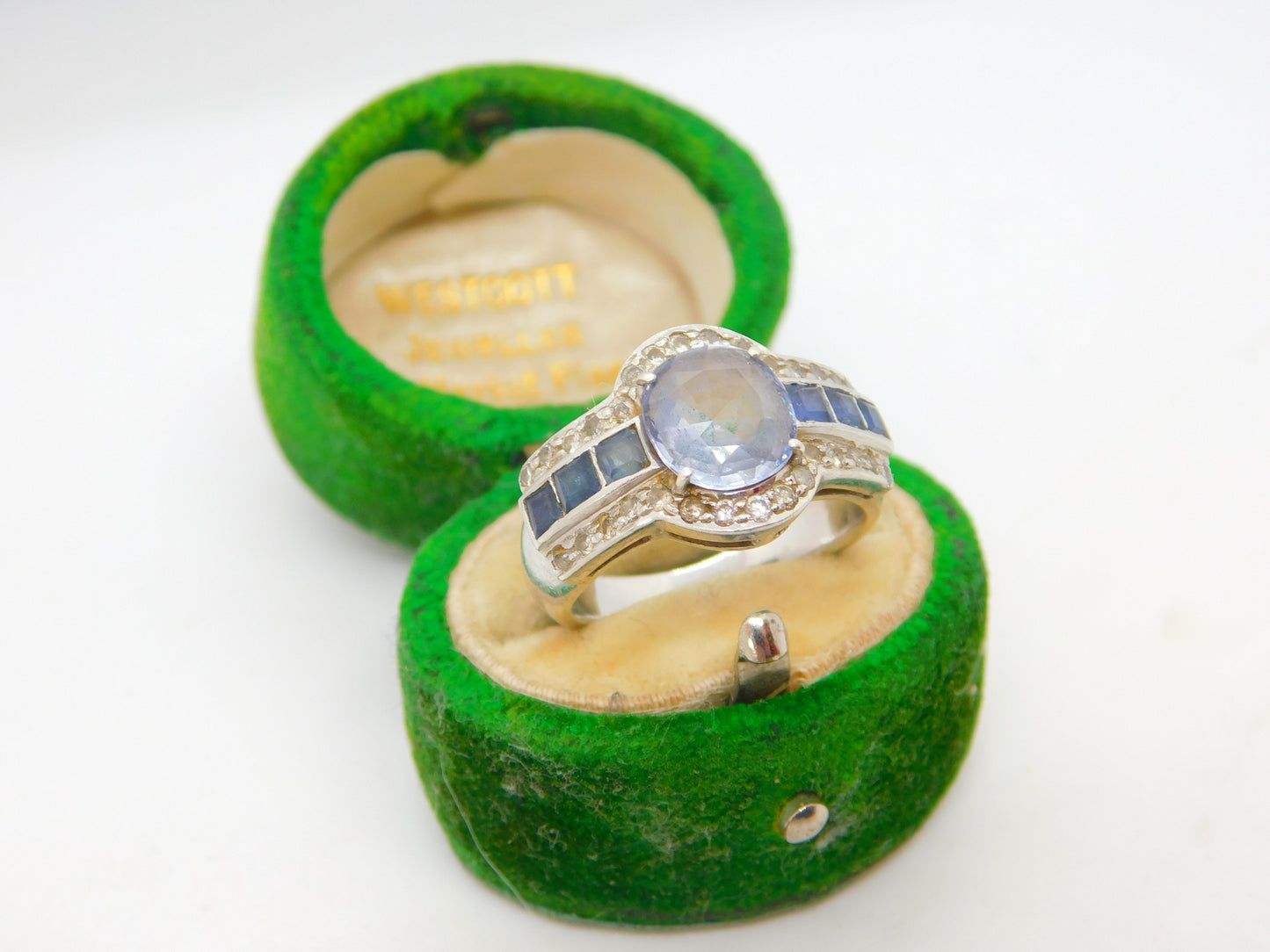 18ct White Gold, 1.6ct Central Sapphire & Diamond Engagement Ring Vintage c1990
