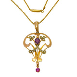 Edwardian 9ct Gold, Garnet & Seed Pearl Lavalier Pendant Necklace Antique