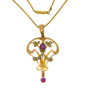 Edwardian 9ct Gold, Garnet & Seed Pearl Lavalier Pendant Necklace Antique