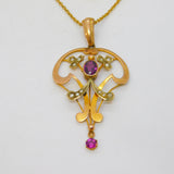 Edwardian 9ct Gold, Garnet & Seed Pearl Lavalier Pendant Necklace Antique