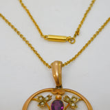 Edwardian 9ct Gold, Garnet & Seed Pearl Lavalier Pendant Necklace Antique