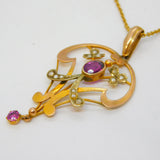 Edwardian 9ct Gold, Garnet & Seed Pearl Lavalier Pendant Necklace Antique