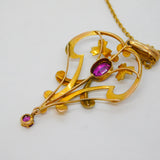 Edwardian 9ct Gold, Garnet & Seed Pearl Lavalier Pendant Necklace Antique