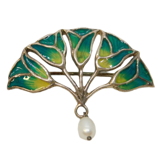 Sterling Silver, Drop Pearl & Guilloche Enamel Tulip Form Brooch Vintage c1970