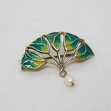 Sterling Silver, Drop Pearl & Guilloche Enamel Tulip Form Brooch Vintage c1970