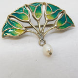 Sterling Silver, Drop Pearl & Guilloche Enamel Tulip Form Brooch Vintage c1970