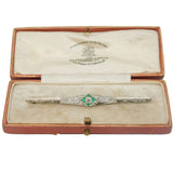 Art Deco Boxed 18ct White Gold, Emerald & Diamond Bar Brooch Antique c1920s