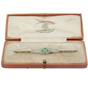Art Deco Boxed 18ct White Gold, Emerald & Diamond Bar Brooch Antique c1920s
