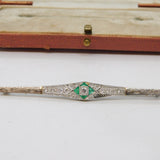 Art Deco Boxed 18ct White Gold, Emerald & Diamond Bar Brooch Antique c1920s