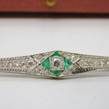 Art Deco Boxed 18ct White Gold, Emerald & Diamond Bar Brooch Antique c1920s