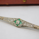Art Deco Boxed 18ct White Gold, Emerald & Diamond Bar Brooch Antique c1920s