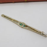 Art Deco Boxed 18ct White Gold, Emerald & Diamond Bar Brooch Antique c1920s