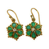 Edwardian 9ct Yellow Gold, Emerald & Diamond Floral Hook Earrings Antique c1910