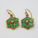 Edwardian 9ct Yellow Gold, Emerald & Diamond Floral Hook Earrings Antique c1910