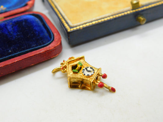 Georg Jensen 9ct Gold & Enamel Articulated Cuckoo Clock Charm Vintage 1972