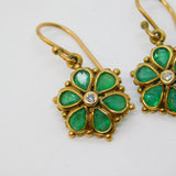 Edwardian 9ct Yellow Gold, Emerald & Diamond Floral Hook Earrings Antique c1910