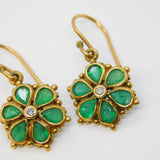 Edwardian 9ct Yellow Gold, Emerald & Diamond Floral Hook Earrings Antique c1910