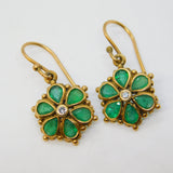 Edwardian 9ct Yellow Gold, Emerald & Diamond Floral Hook Earrings Antique c1910