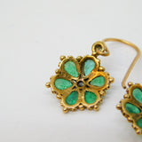 Edwardian 9ct Yellow Gold, Emerald & Diamond Floral Hook Earrings Antique c1910