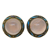 Chinese Sterling Silver Gilt, Enamel & Rose Quartz Screw-Back Earrings Antique c1940
