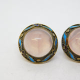Chinese Sterling Silver Gilt, Enamel & Rose Quartz Screw-Back Earrings Antique c1940