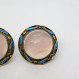 Chinese Sterling Silver Gilt, Enamel & Rose Quartz Screw-Back Earrings Antique c1940