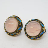 Chinese Sterling Silver Gilt, Enamel & Rose Quartz Screw-Back Earrings Antique c1940