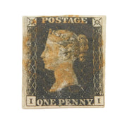 Victorian I-I Penny Black Postage Stamp, Unused No Gum Antique 1840
