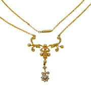 Victorian 15ct Yellow Gold, Pearl Set Lavalier Drop Necklace Antique c1890