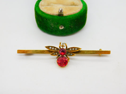 Edwardian 9ct Gold, Paste & Seed Pearl Set Insect or Bug Brooch Antique c1910