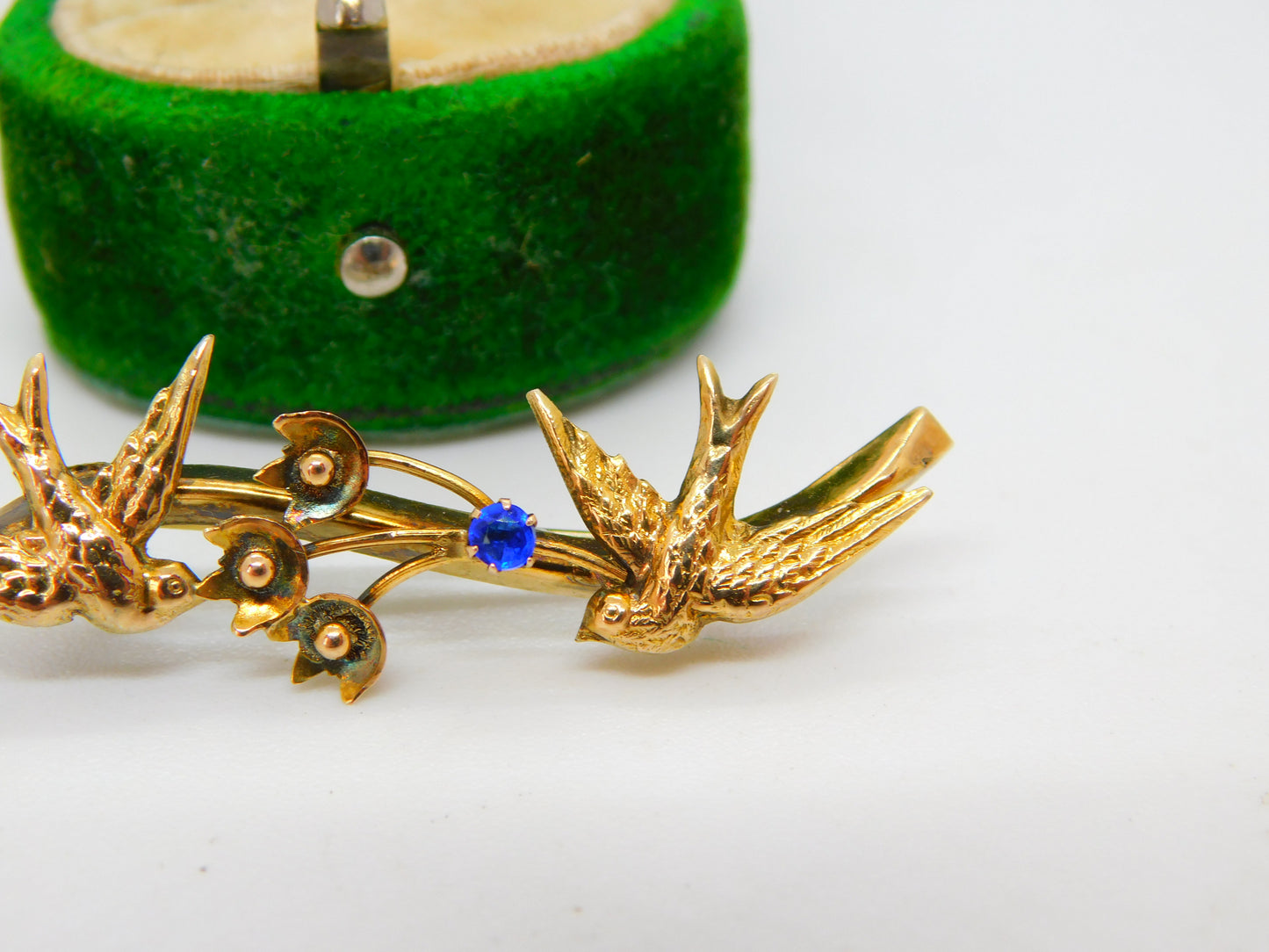 Edwardian 9ct Yellow Gold & Paste Swallow Sweetheart Brooch Antique c1910