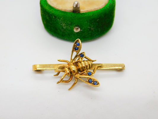 9ct Yellow Gold Sapphire Set Insect or Honey Bee Brooch Antique 1931 Birmingham