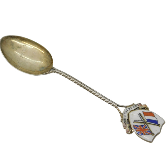 WW1 Sterling Silver Enamel 'United for Right' Allied Teaspoon Antique 1914